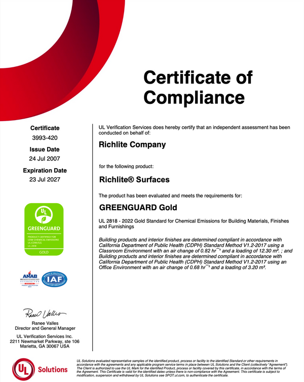 UL 2818 Greenguard Gold Certificate