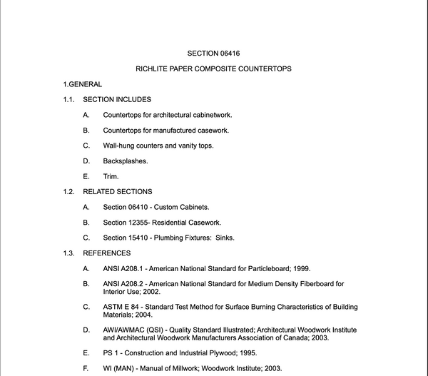 CSI 3-Part Spec – Master Format 95, Section 06416