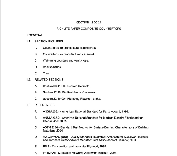 CSI 3-Part Spec – Master Format 04, Section 12 36 21